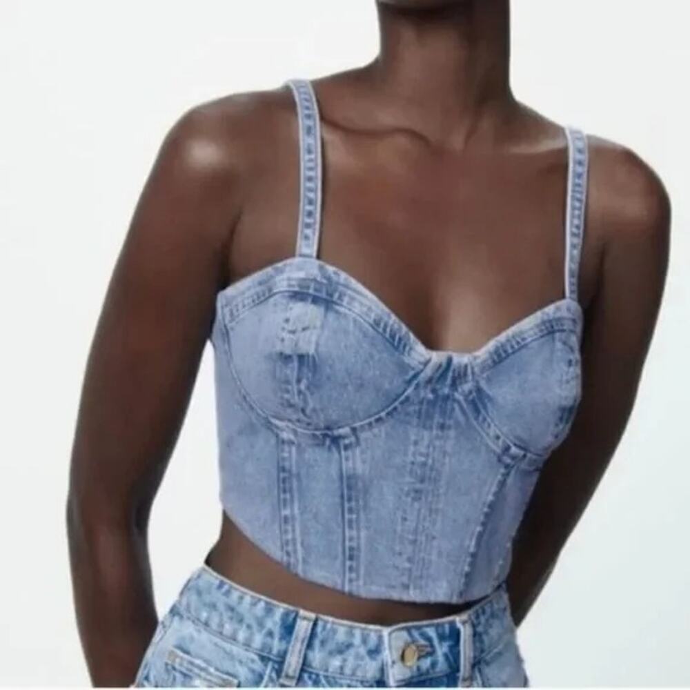 Zara Denim Blue Corse Crop Top Moto Women Size Xsmall
